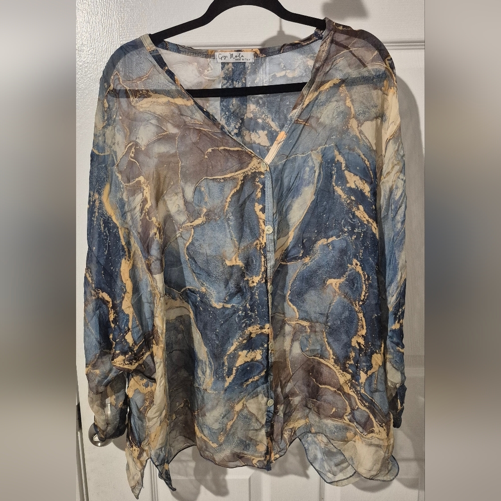Gigi Moda Made in Italy Silk Blend Sheer Marble Print Blouse Top Artsy Boho